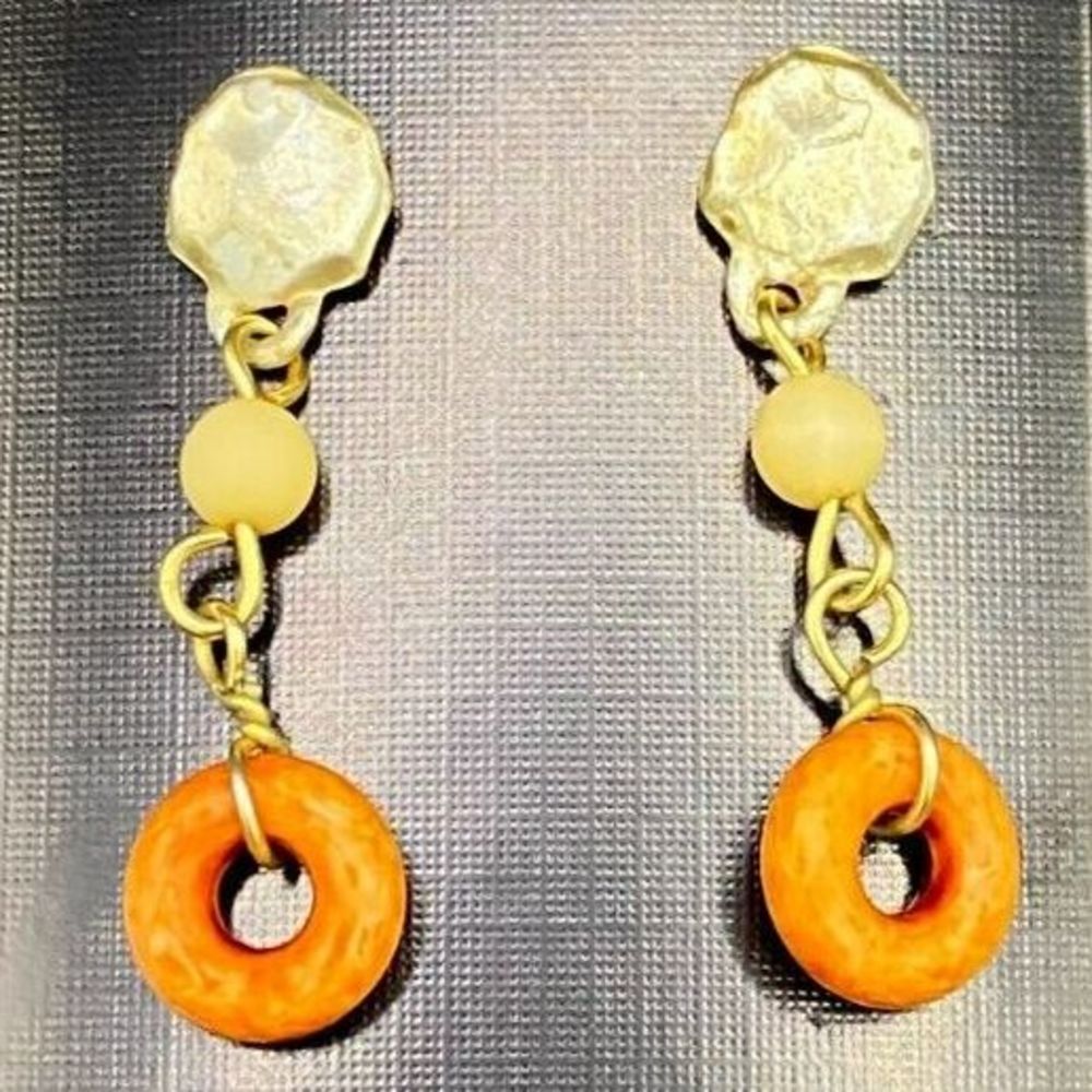 Vintage Beaded Earrings Gold Tone and Orange Ring